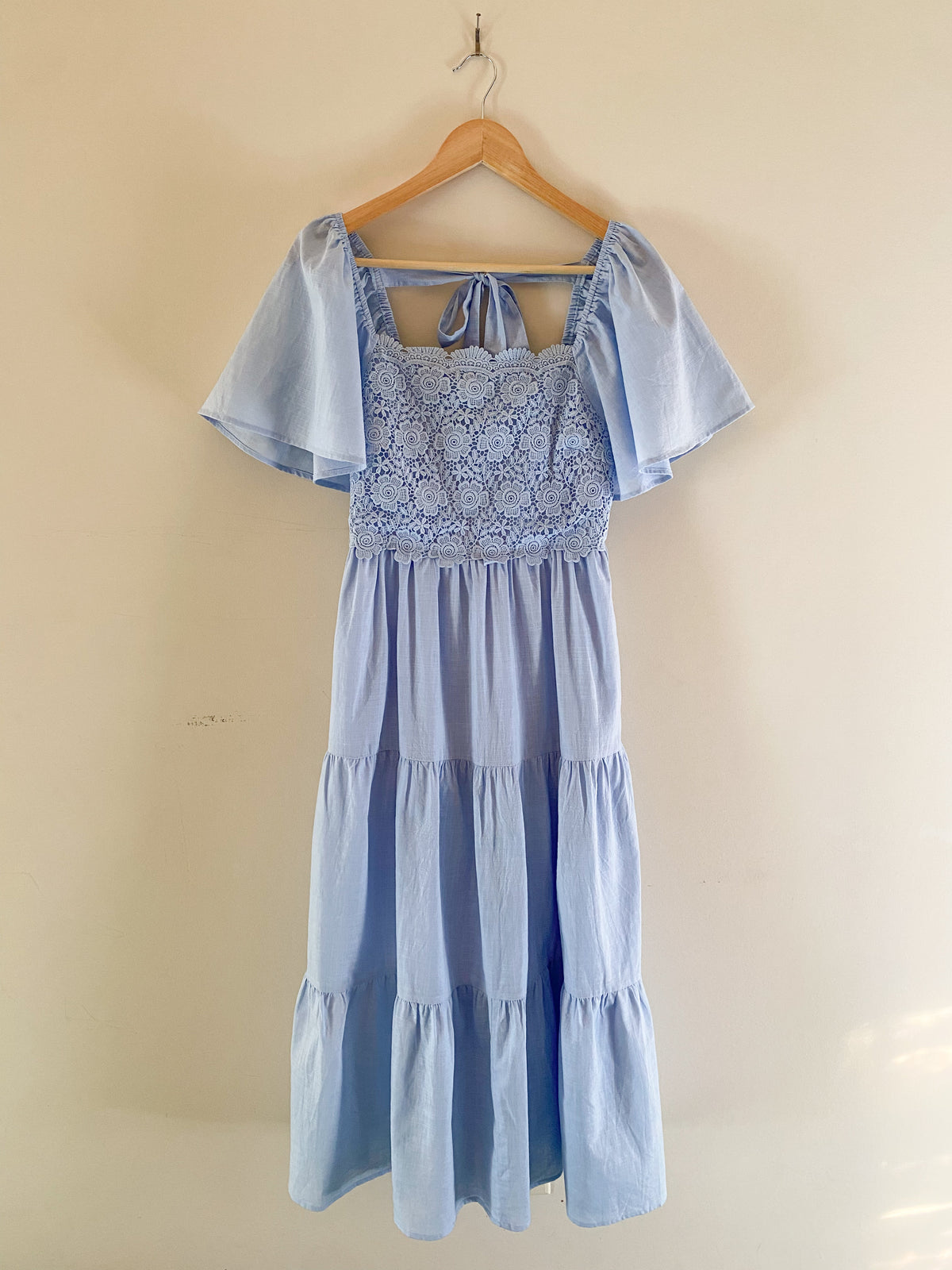 Tiered Floral Crochet Midi Dress With Flutter Sleeves