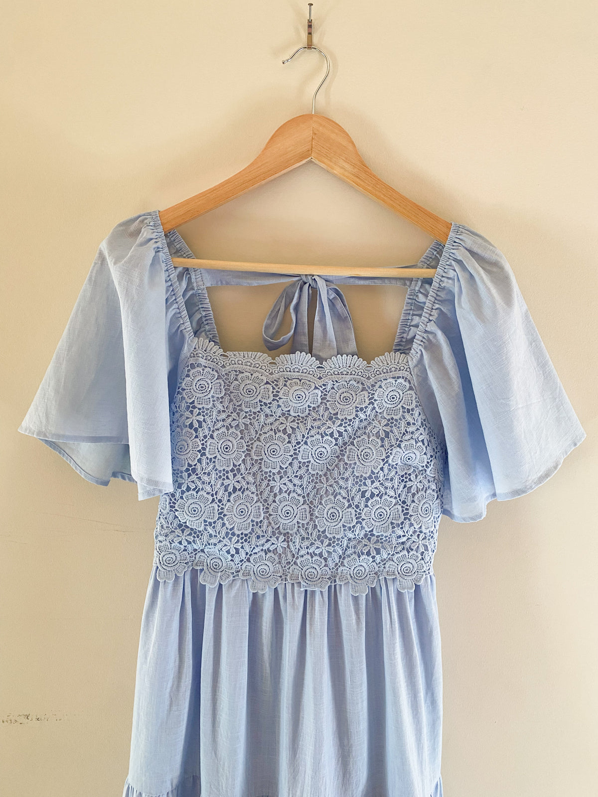 Tiered Floral Crochet Midi Dress With Flutter Sleeves