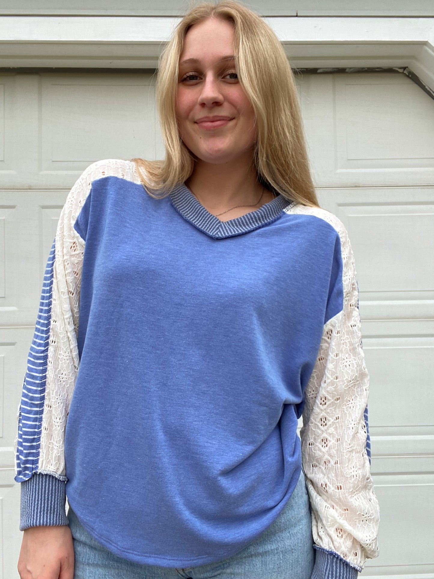 Multi-Fabric Long Sleeve V-Neck Top