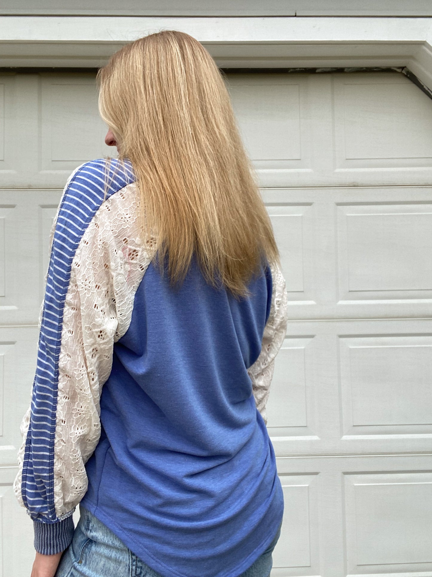 Multi-Fabric Long Sleeve V-Neck Top