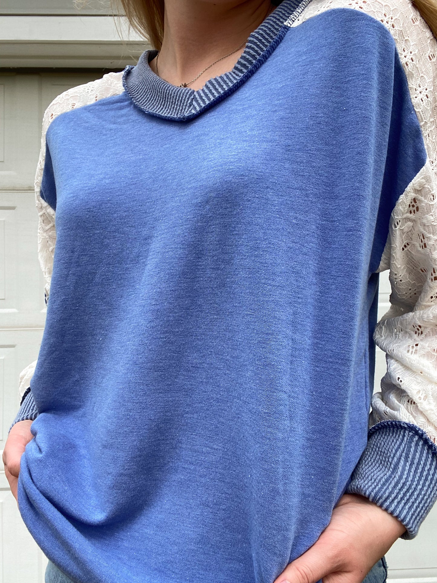 Multi-Fabric Long Sleeve V-Neck Top