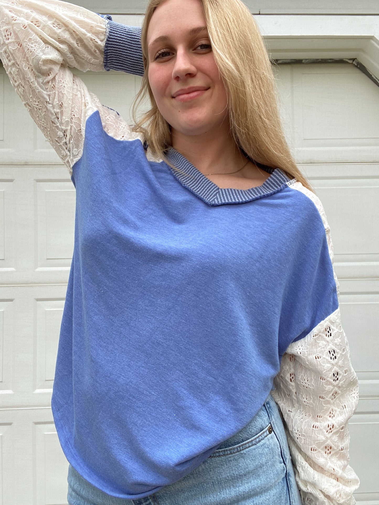 Multi-Fabric Long Sleeve V-Neck Top
