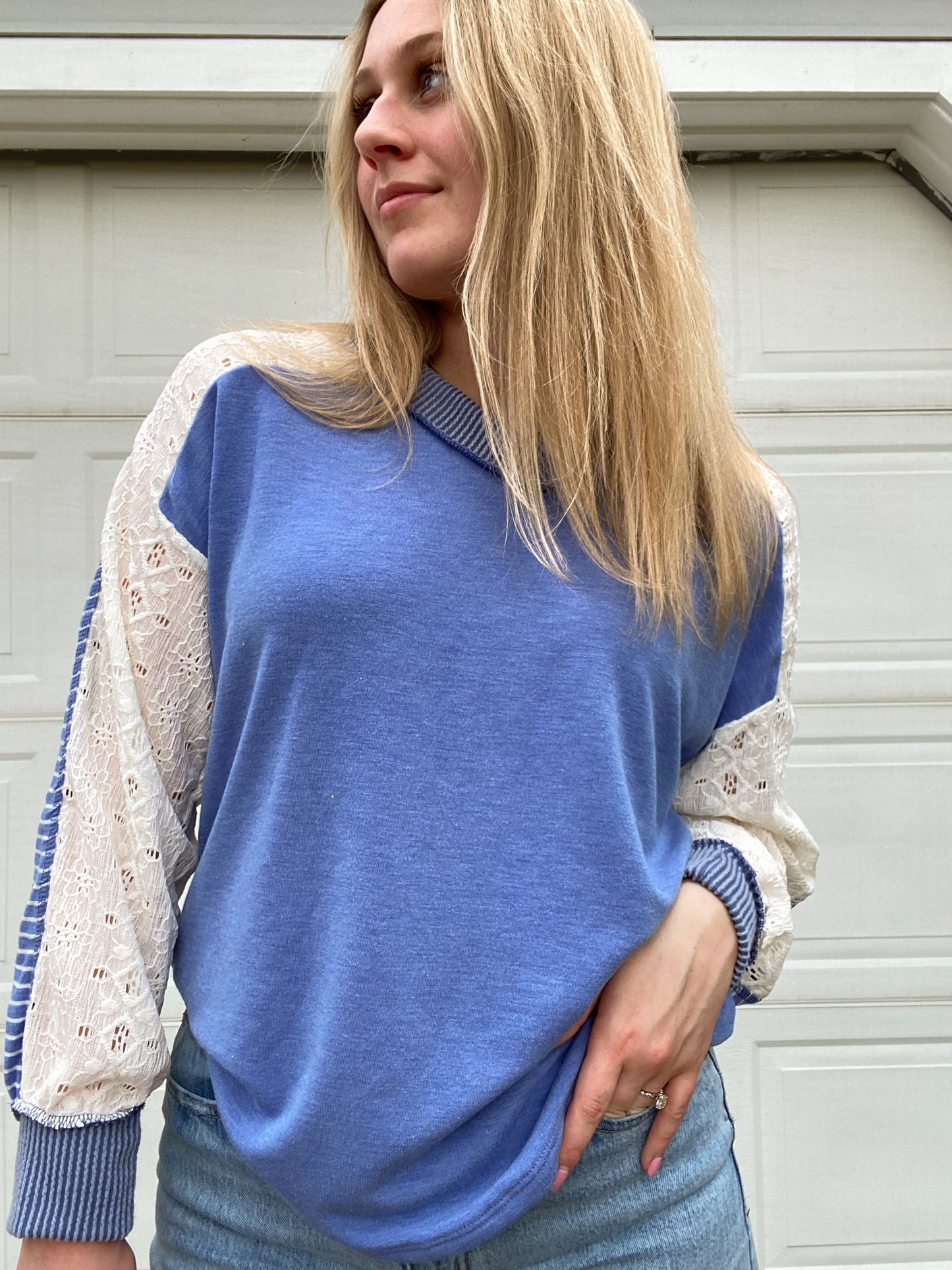 Multi-Fabric Long Sleeve V-Neck Top