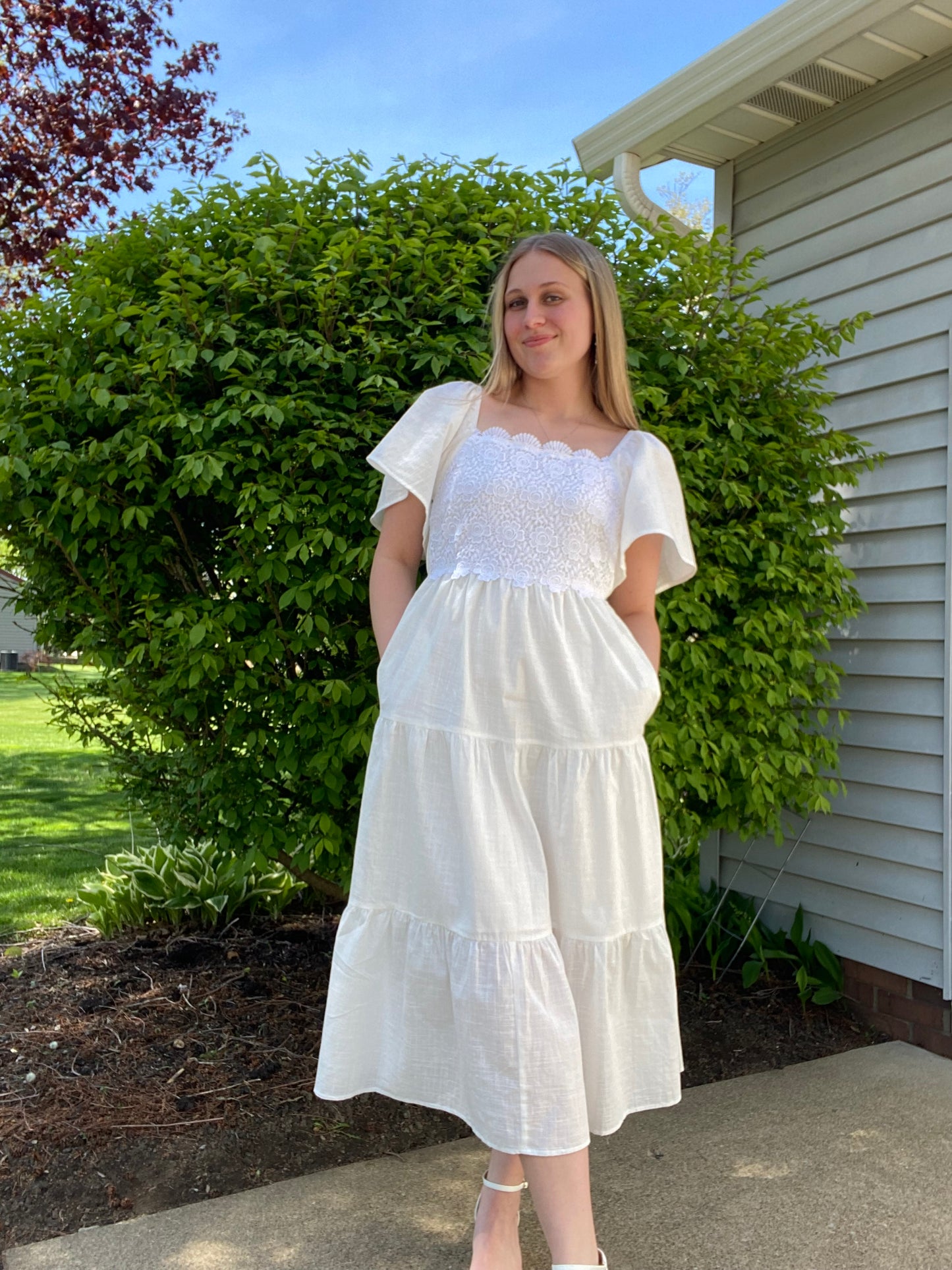 Tiered Floral Crochet Midi Dress With Flutter Sleeves