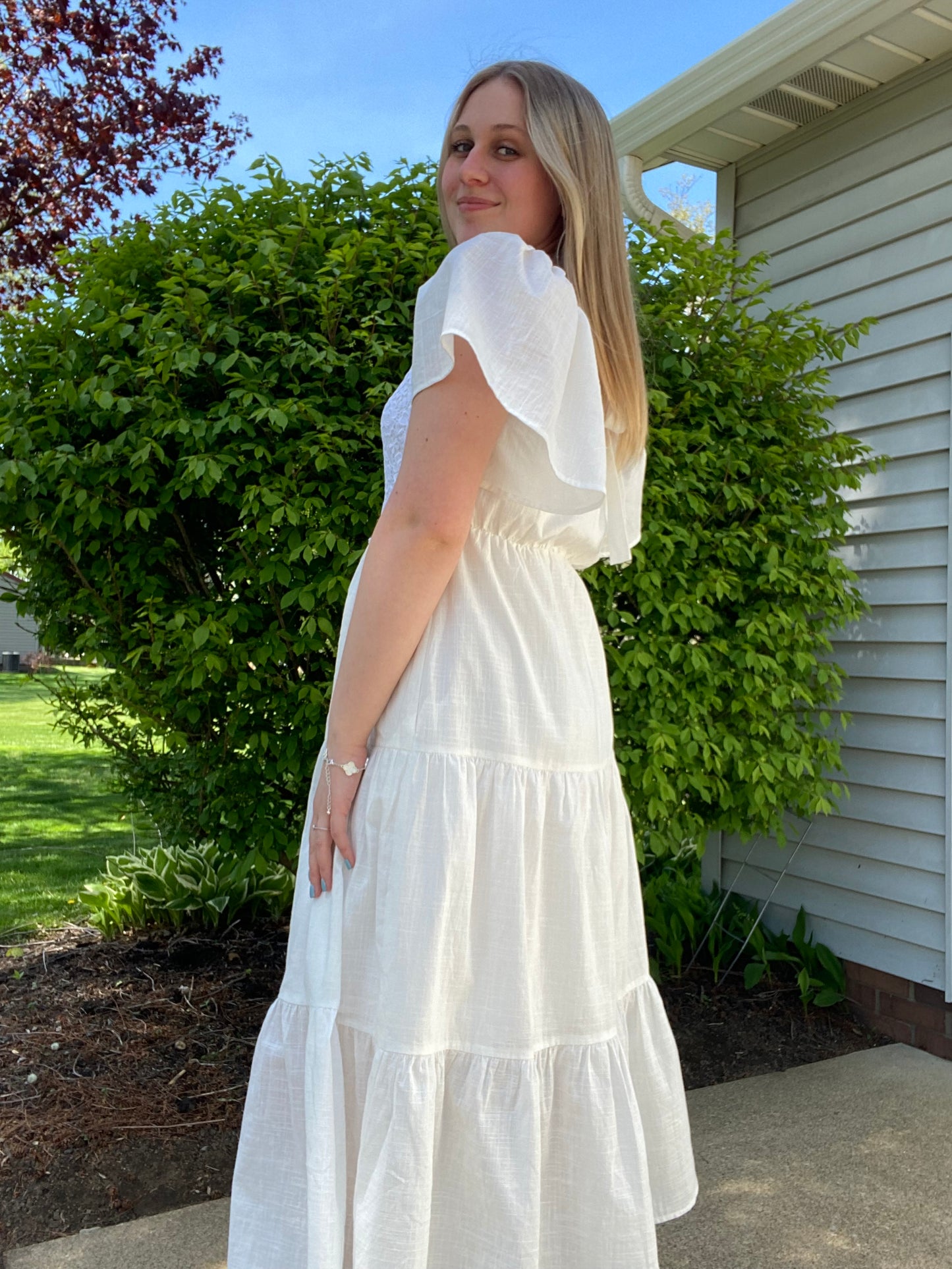 Tiered Floral Crochet Midi Dress With Flutter Sleeves