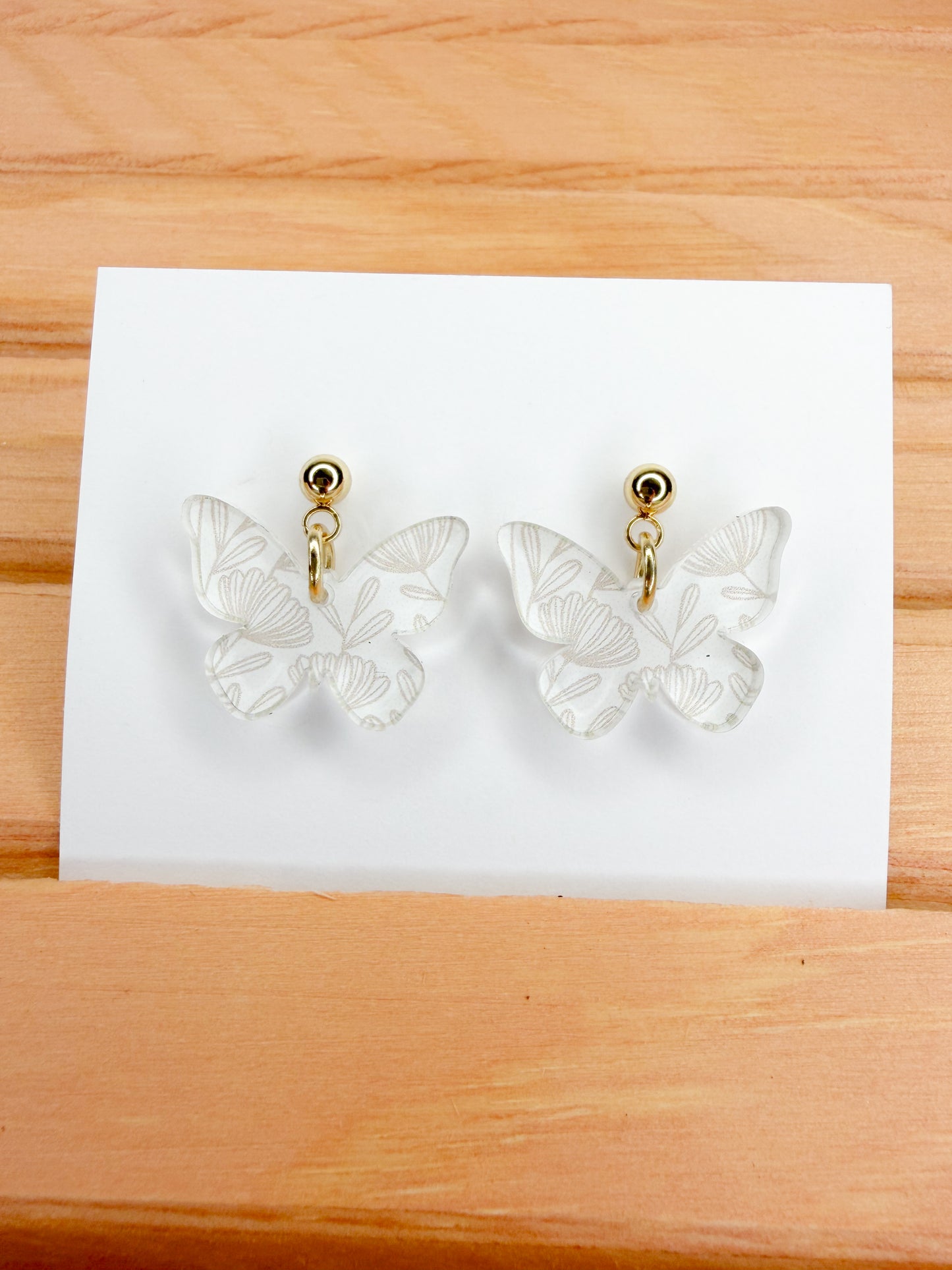Tan Floral Butterfly Dangle Earrings
