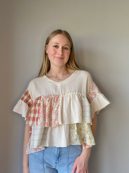 Vintage Patchwork Ruffle Hem Top
