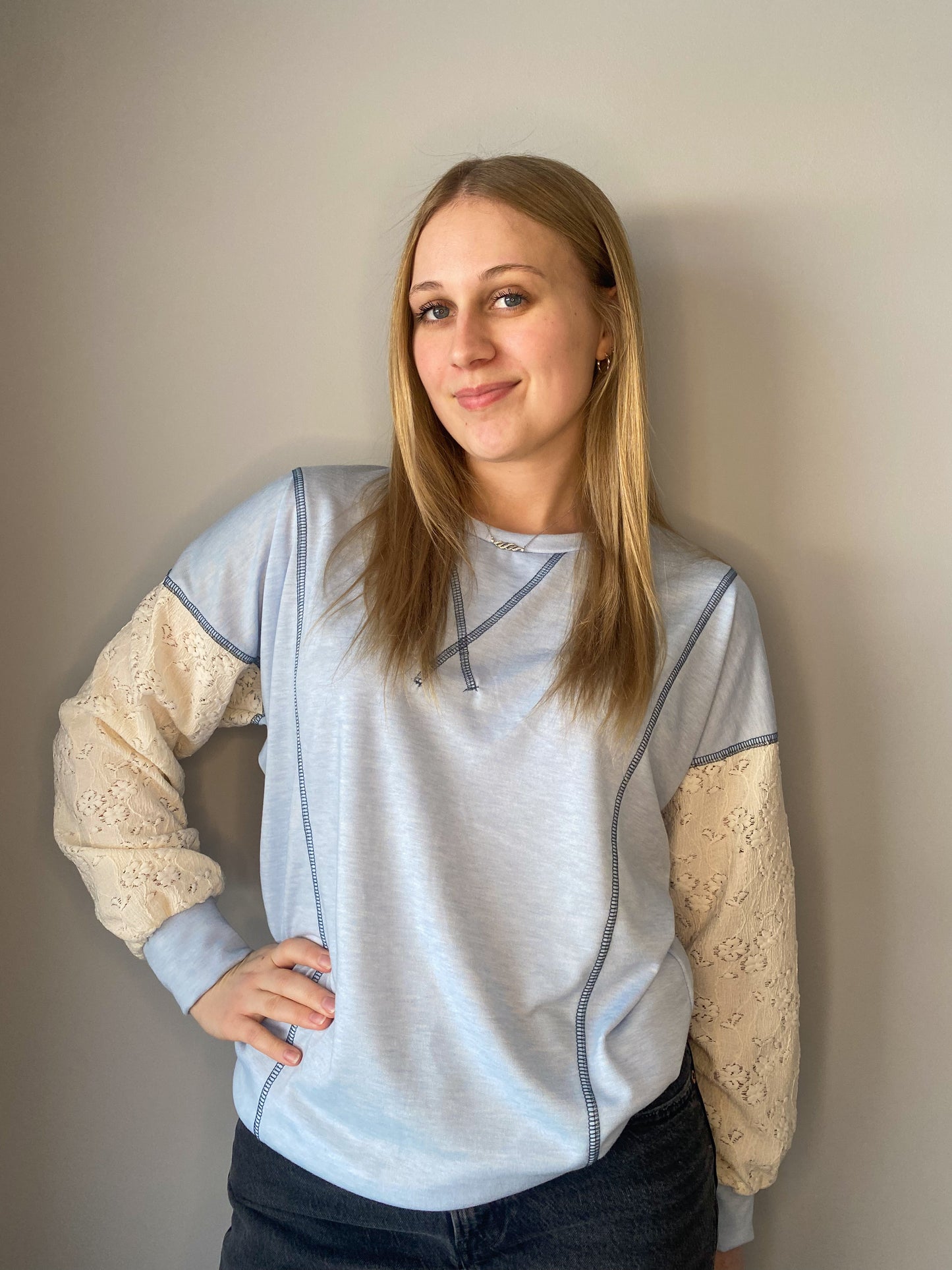 Contrast Lace Sleeve Top