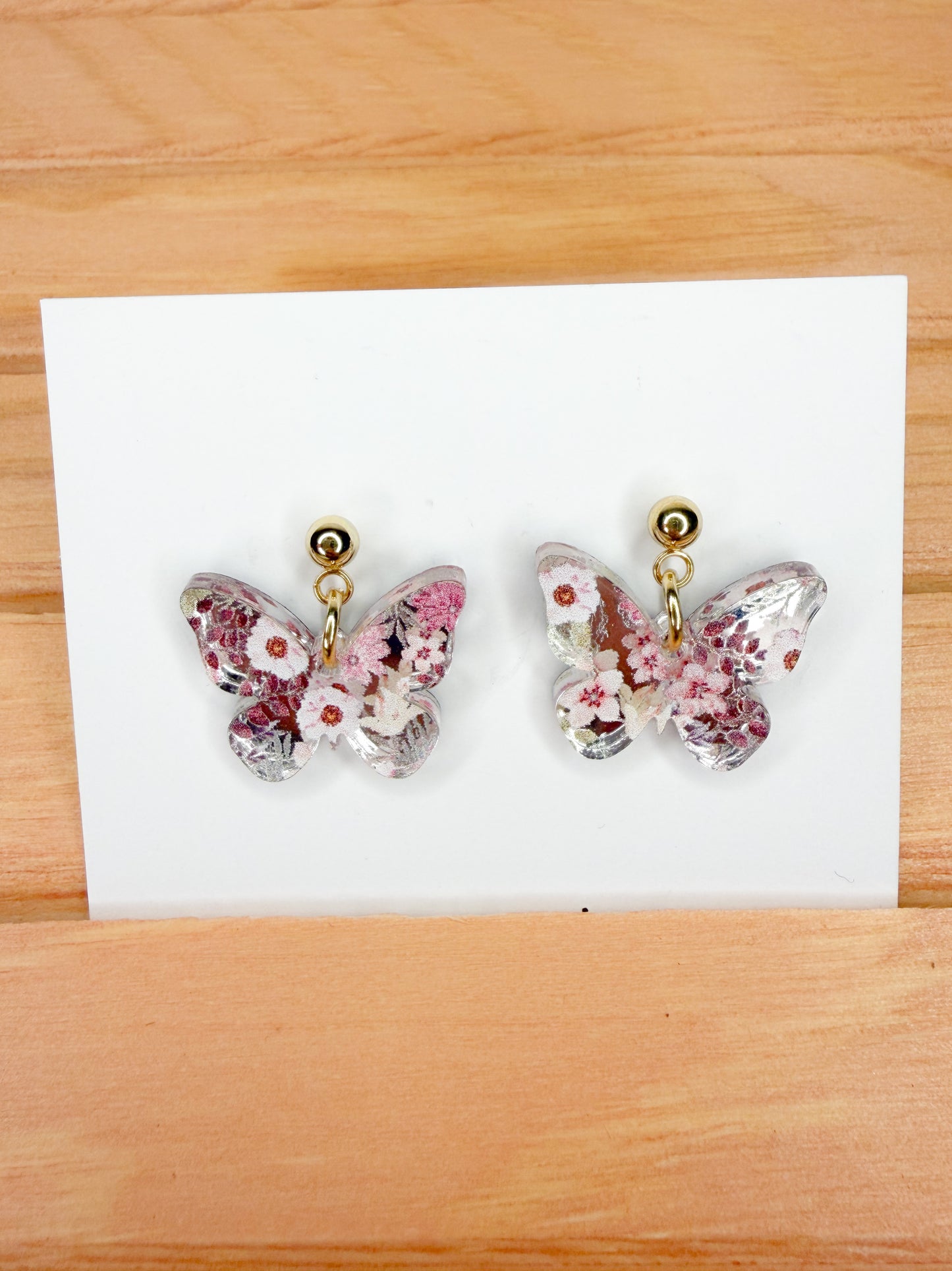 Pink Floral Butterfly Dangle Earrings