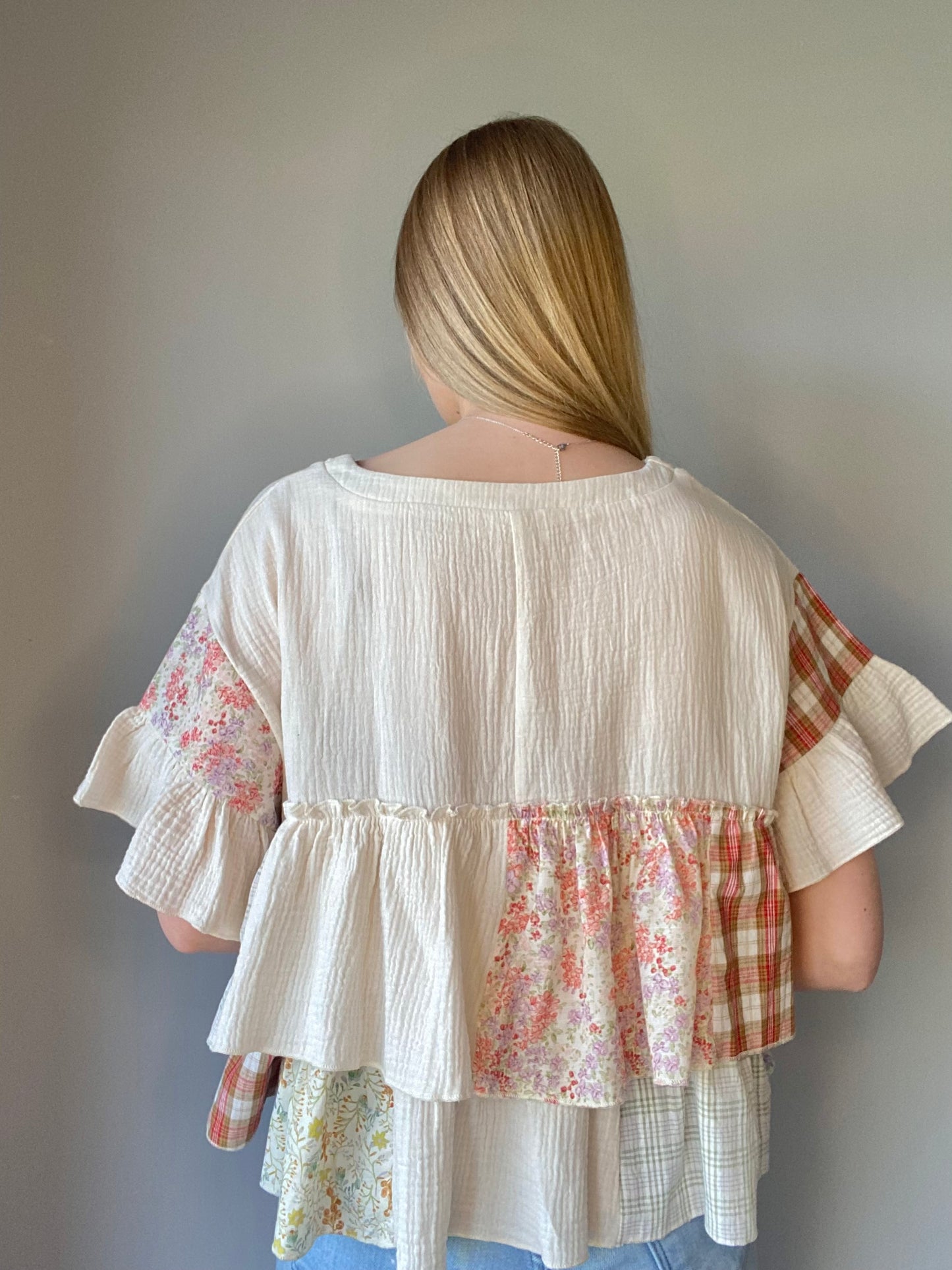 Vintage Patchwork Ruffle Hem Top