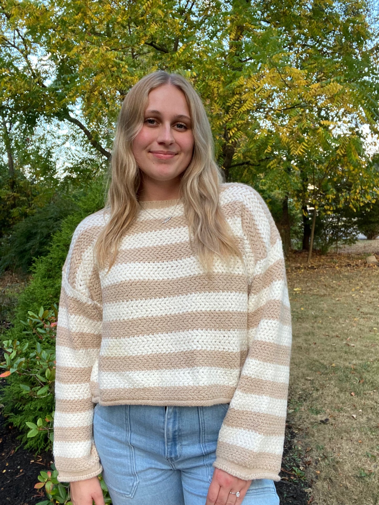 Beige Striped Knit Sweater