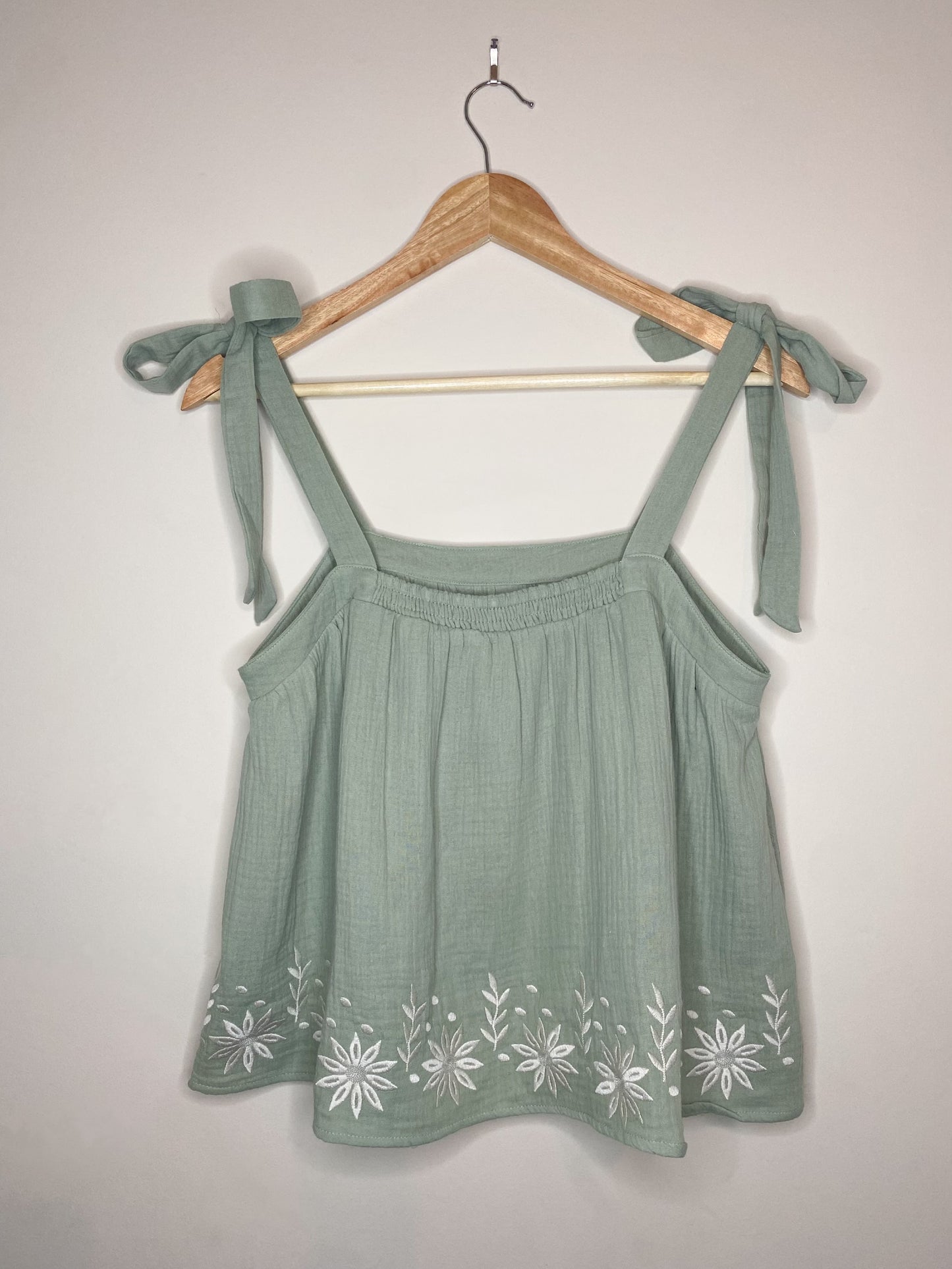 Floral Embroidered Ribbon Tie Top