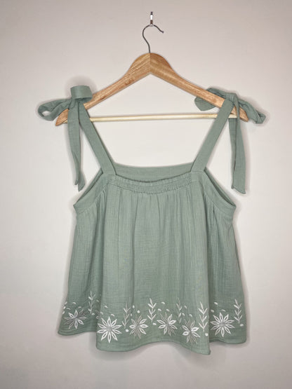 Floral Embroidered Ribbon Tie Top