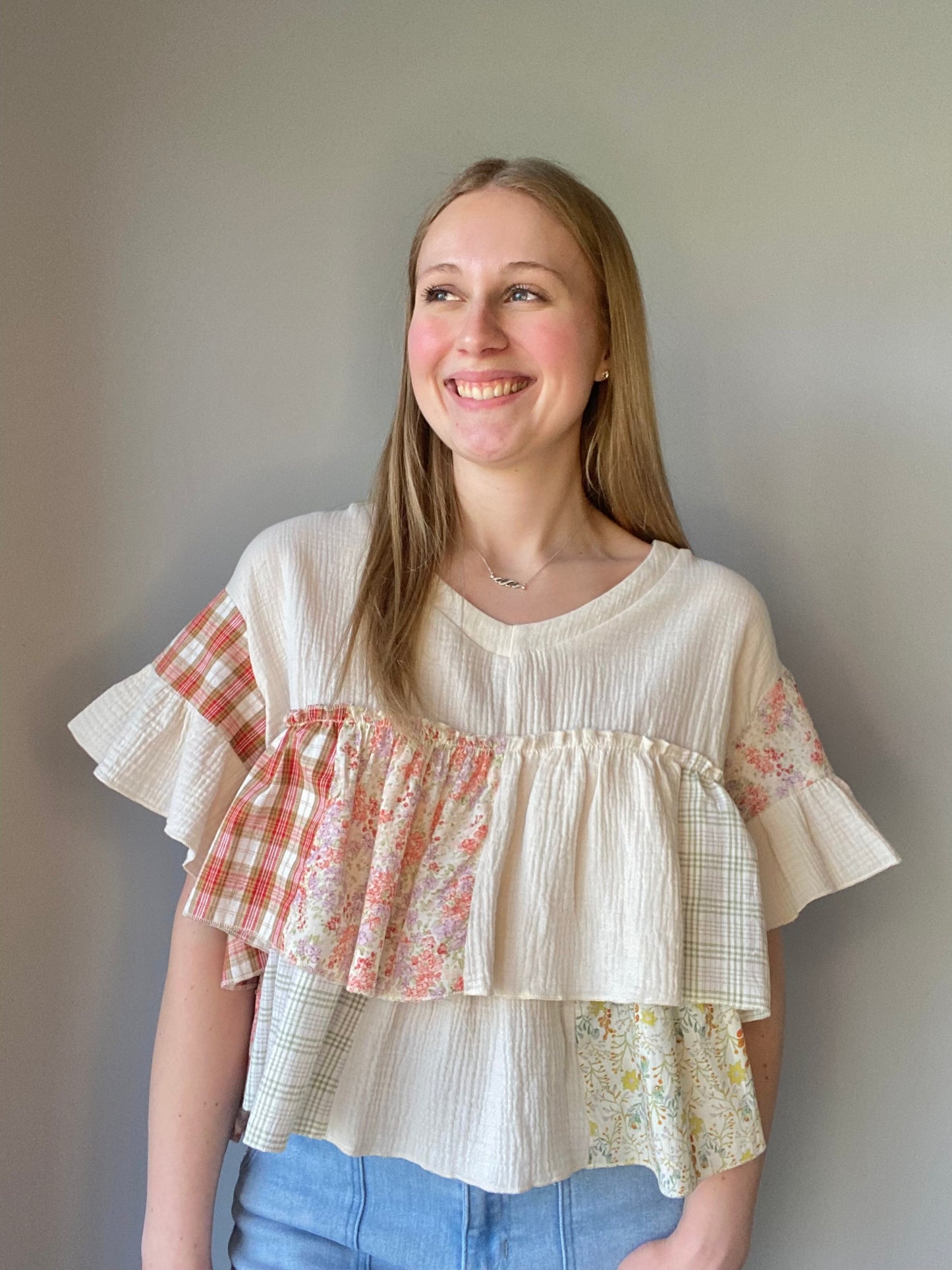 Vintage Patchwork Ruffle Hem Top