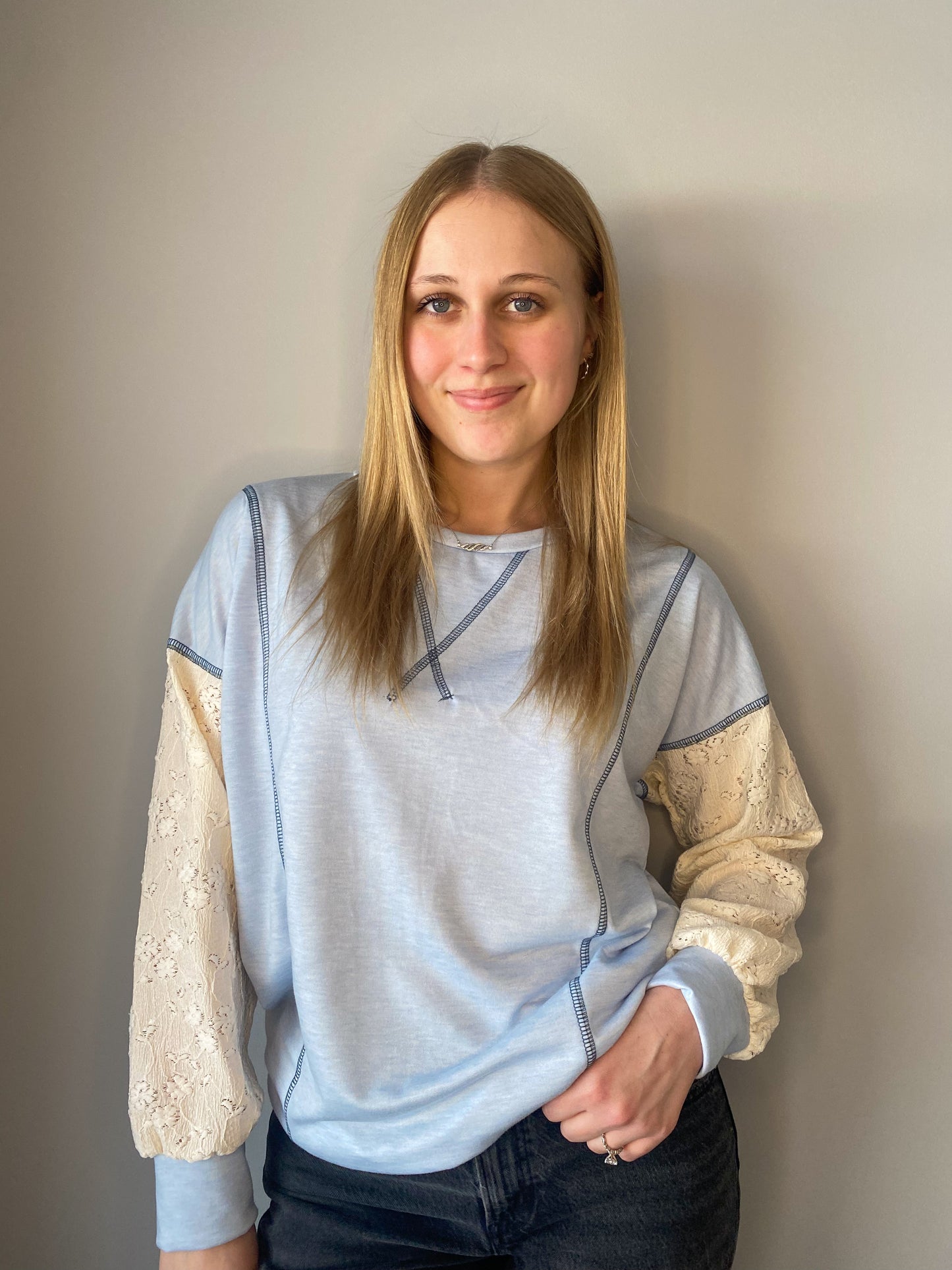 Contrast Lace Sleeve Top