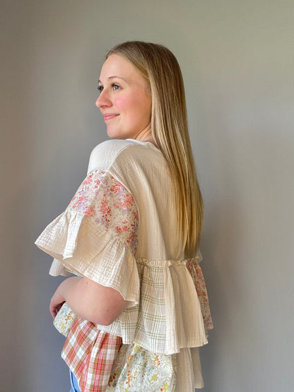 Vintage Patchwork Ruffle Hem Top