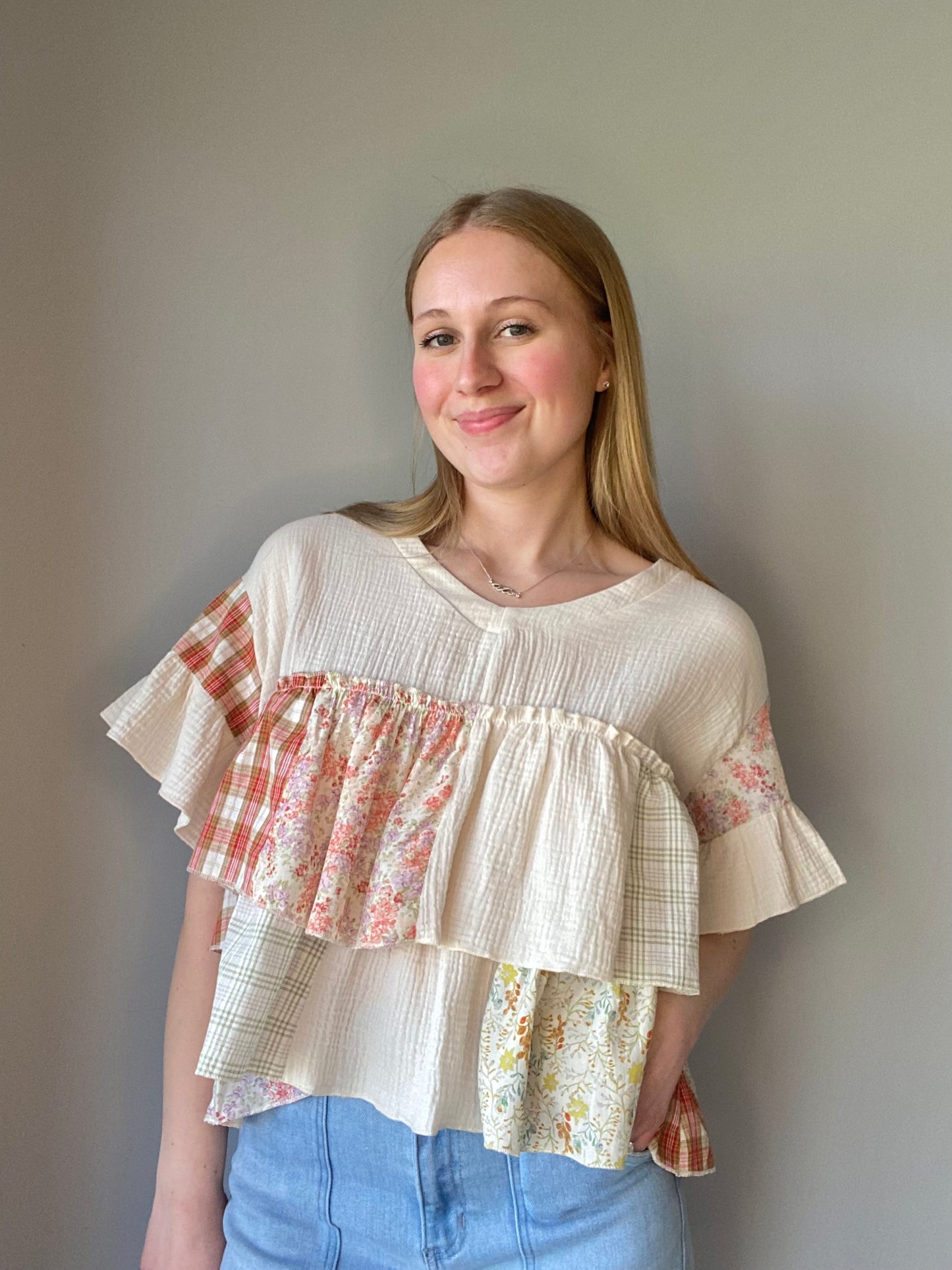 Vintage Patchwork Ruffle Hem Top