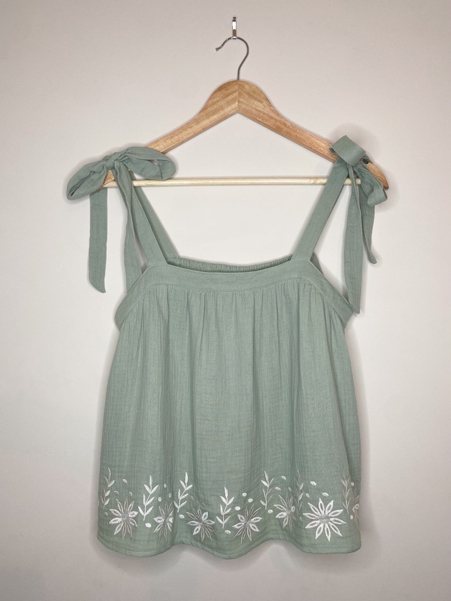 Floral Embroidered Ribbon Tie Top
