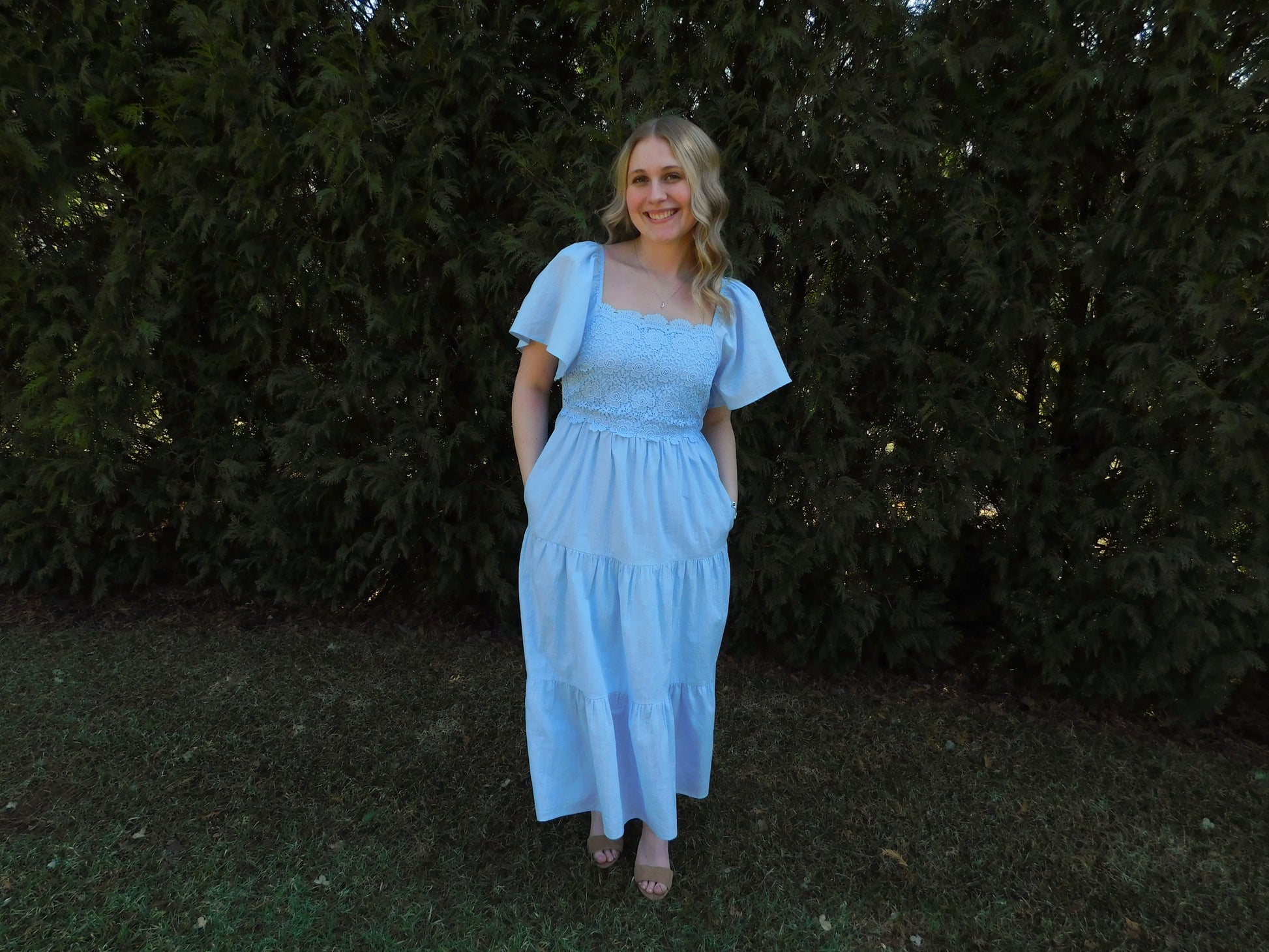 floral crochet midi dress Teagan Floral Hand Crochet Midi Dress / Blue | MESHKI