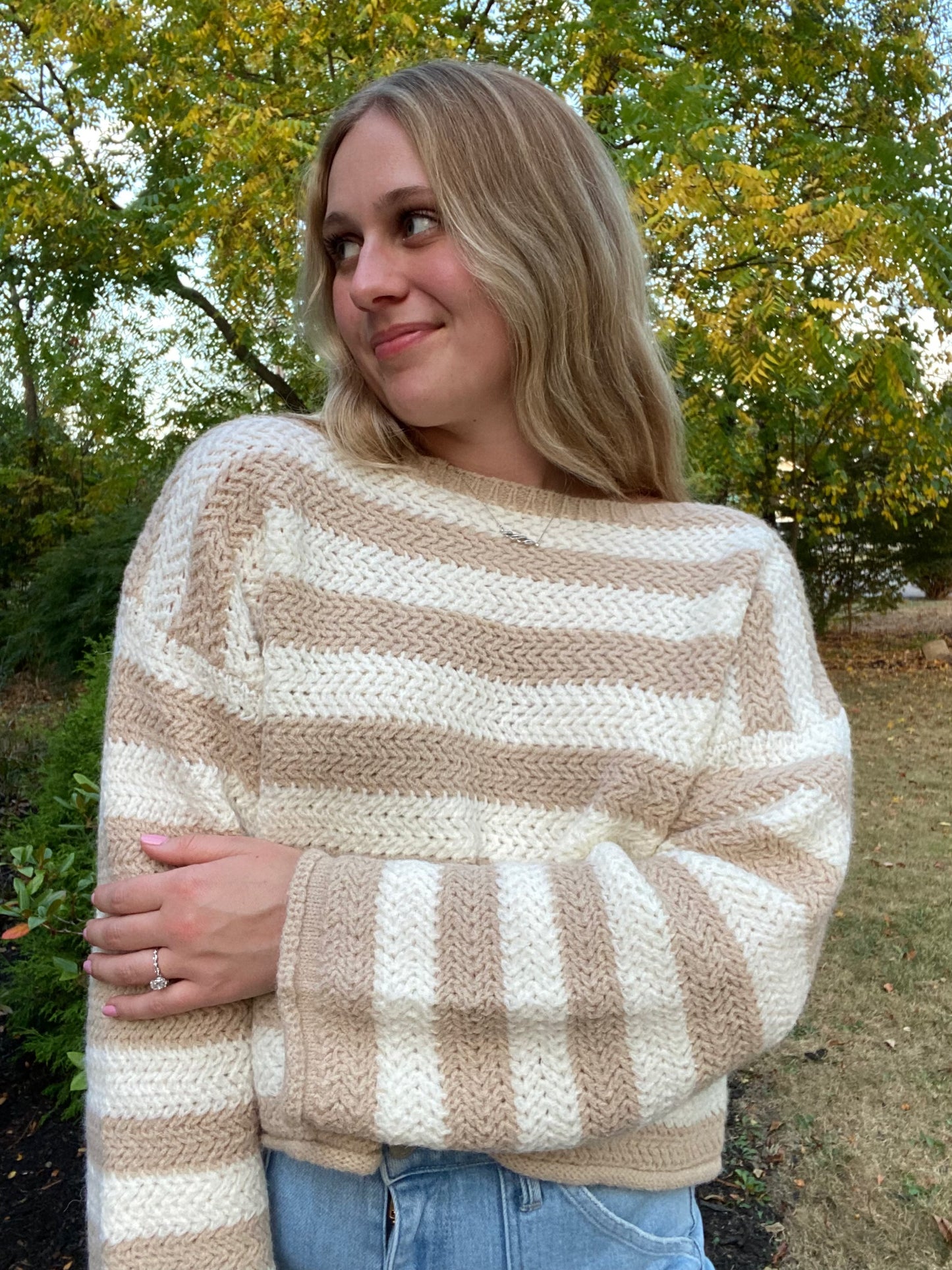 Beige Striped Knit Sweater