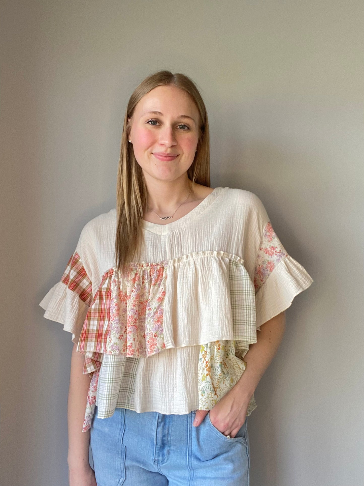 Vintage Patchwork Ruffle Hem Top