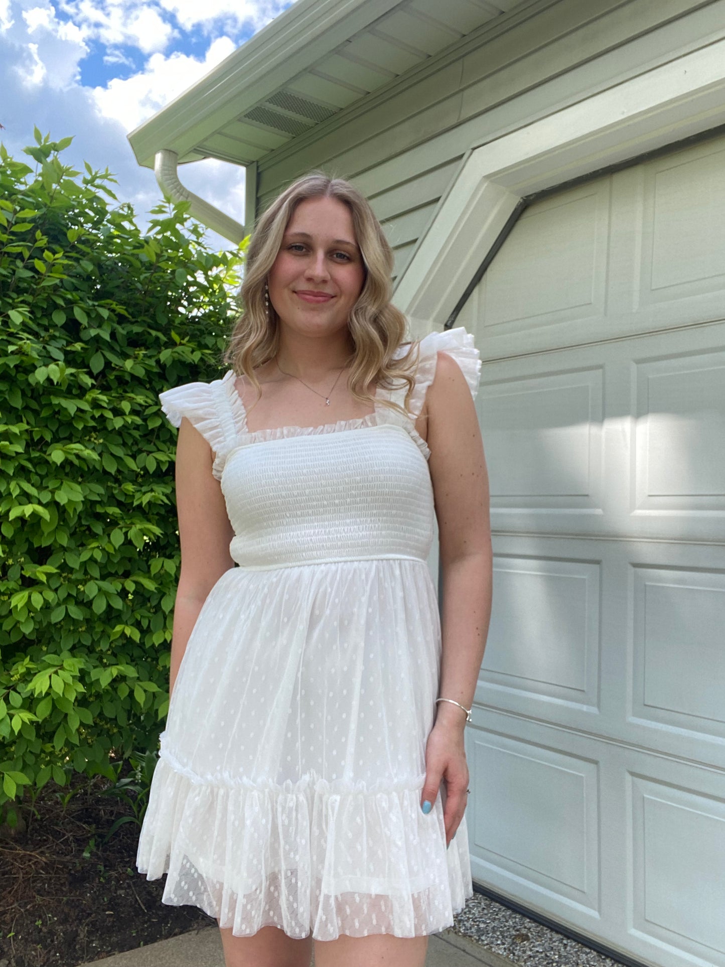 Polka Dot Chiffon Smocked Ruffle Detail Mini Dress