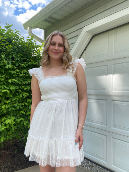 Polka Dot Chiffon Smocked Ruffle Detail Mini Dress