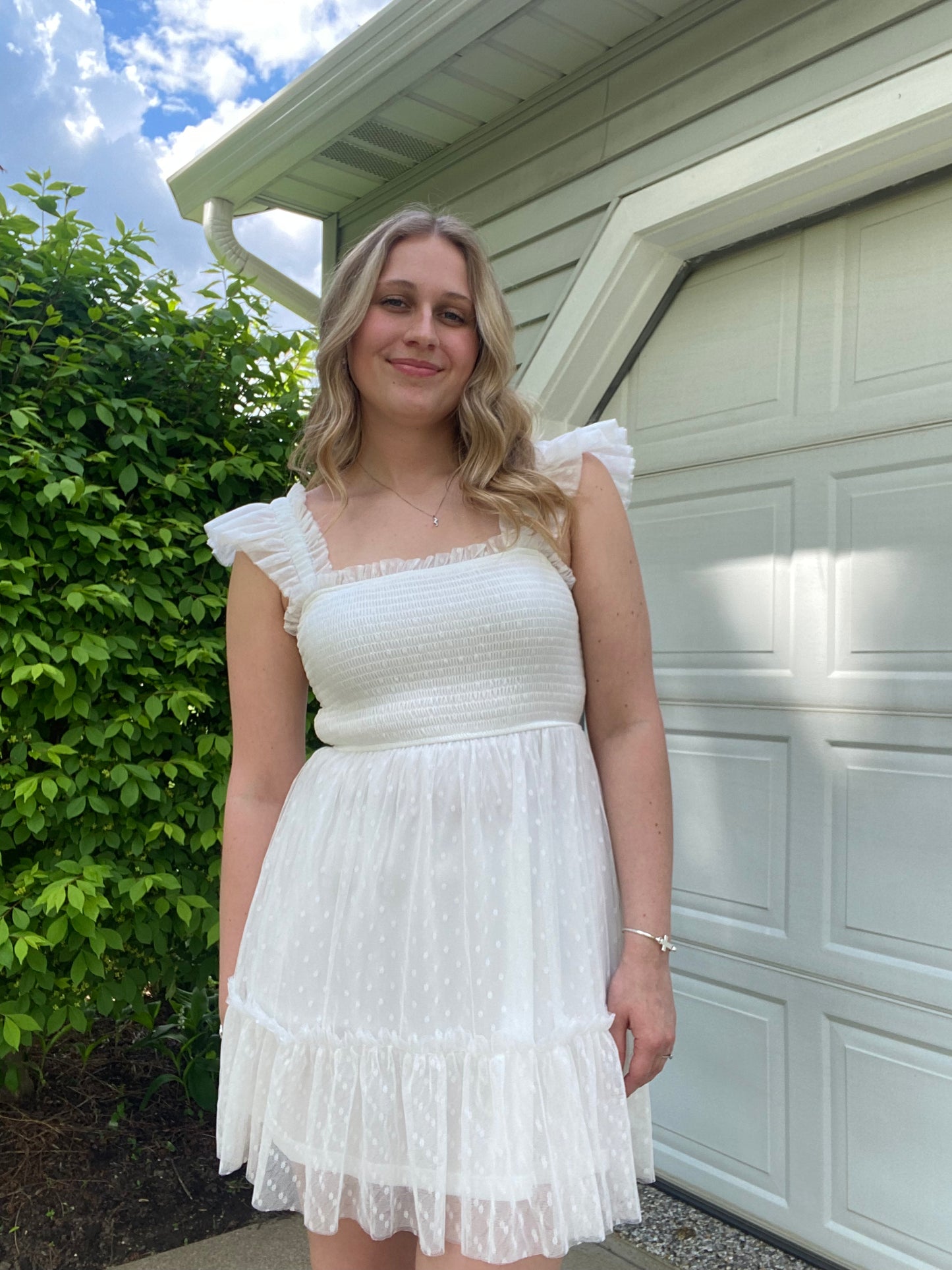 Polka Dot Chiffon Smocked Ruffle Detail Mini Dress