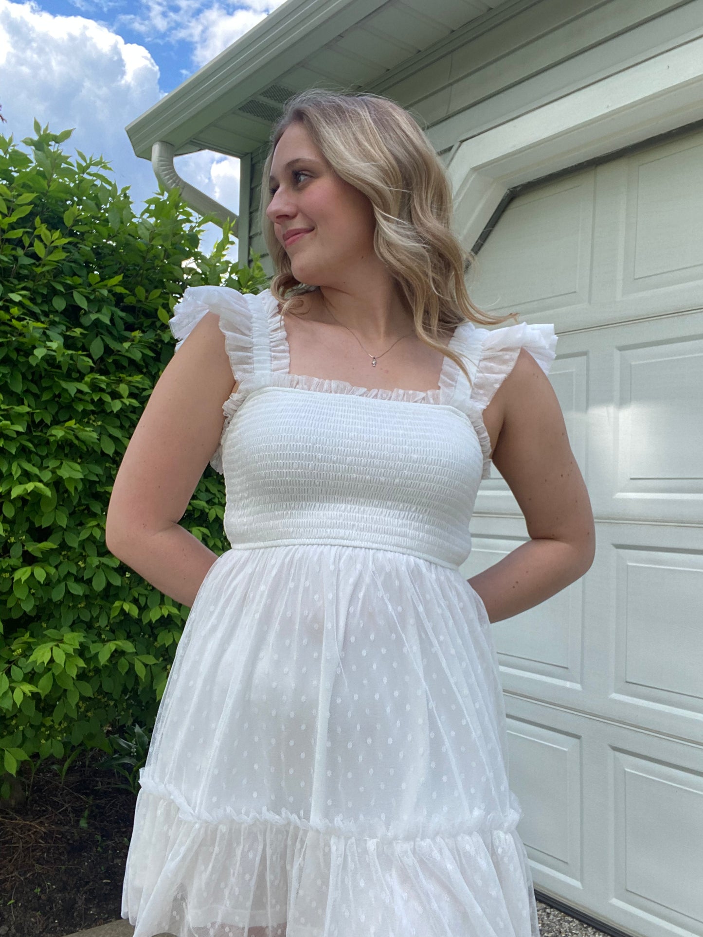 Polka Dot Chiffon Smocked Ruffle Detail Mini Dress