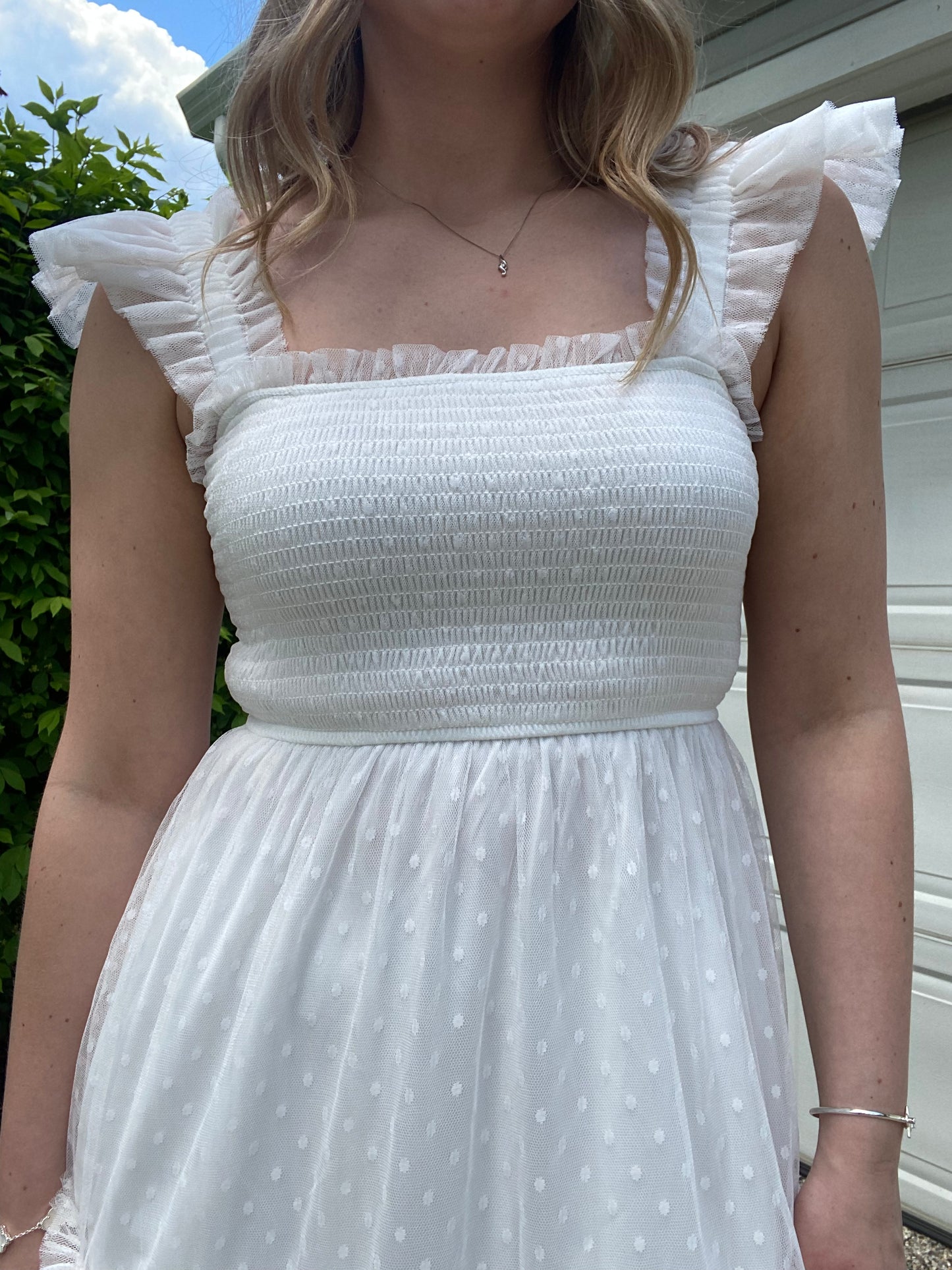 Polka Dot Chiffon Smocked Ruffle Detail Mini Dress