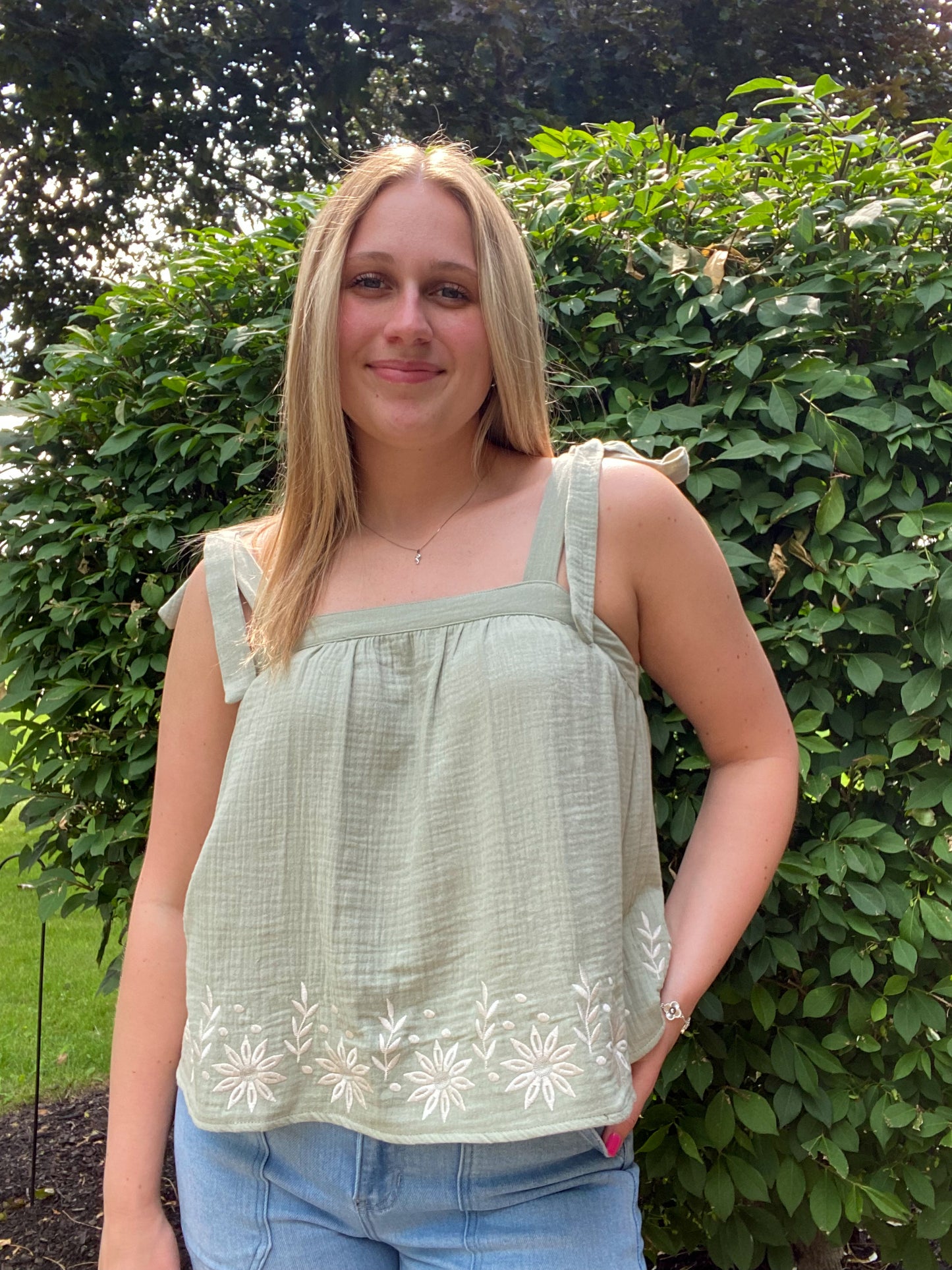 Floral Embroidered Ribbon Tie Top