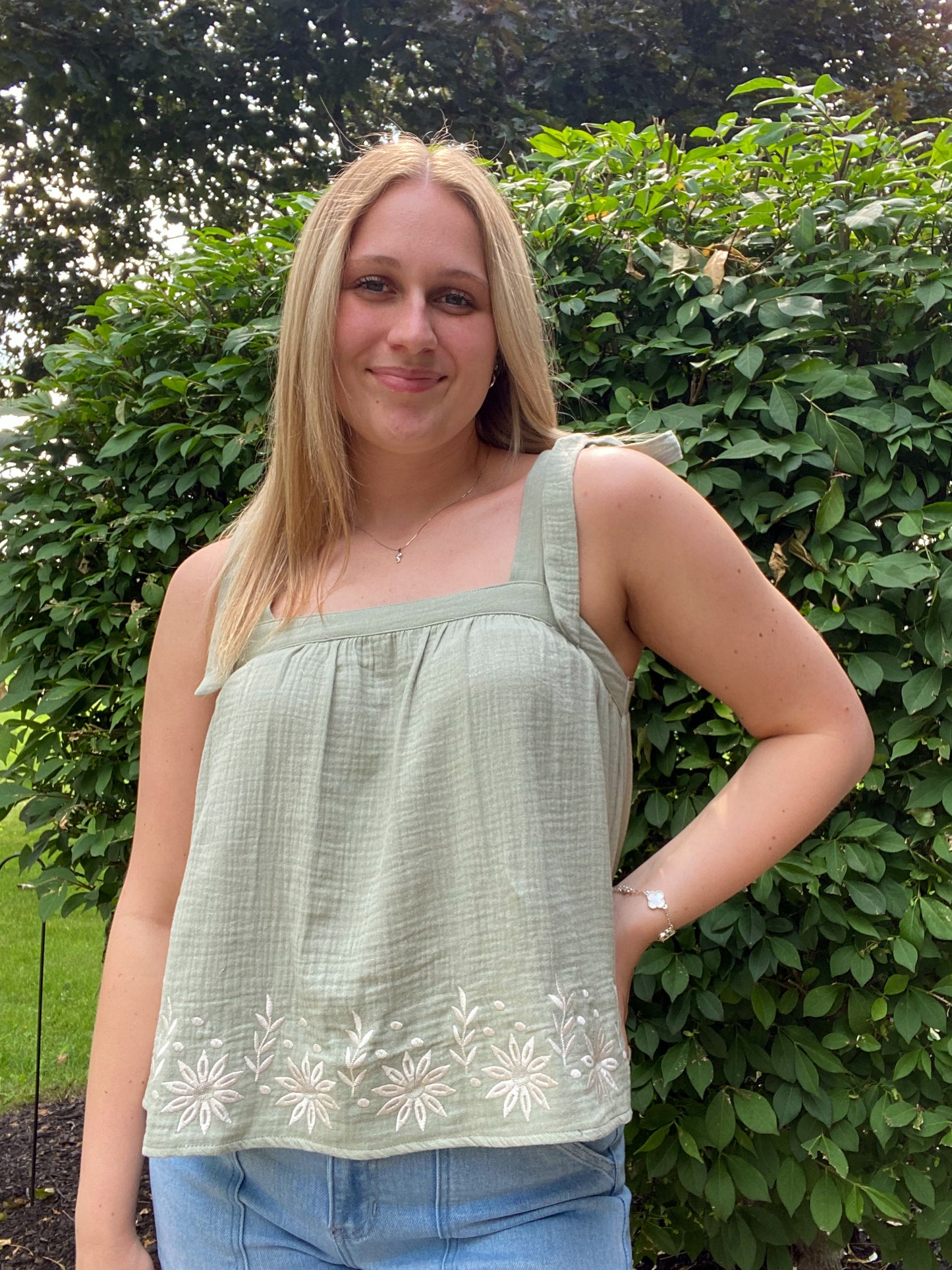 Floral Embroidered Ribbon Tie Top
