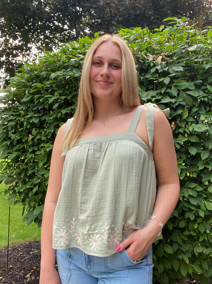 Floral Embroidered Ribbon Tie Top